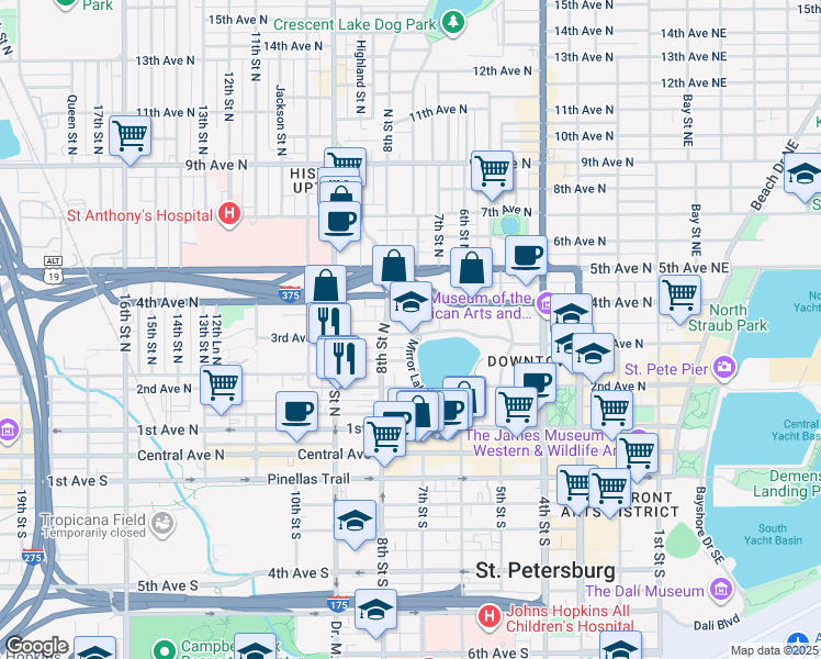 map of restaurants, bars, coffee shops, grocery stores, and more near 302 Grove Street North in St. Petersburg