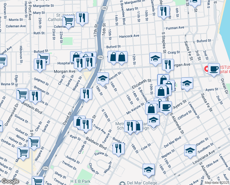 map of restaurants, bars, coffee shops, grocery stores, and more near 1449 16th Street in Corpus Christi