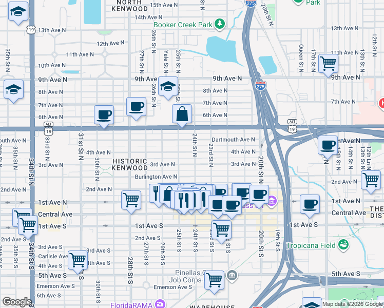 map of restaurants, bars, coffee shops, grocery stores, and more near 2434 4th Avenue North in St. Petersburg