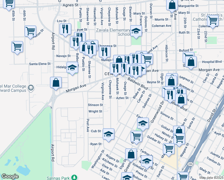 map of restaurants, bars, coffee shops, grocery stores, and more near 644 Cheyenne Street in Corpus Christi