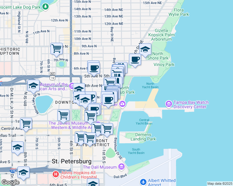 map of restaurants, bars, coffee shops, grocery stores, and more near 120 Beach Drive Northeast in St. Petersburg