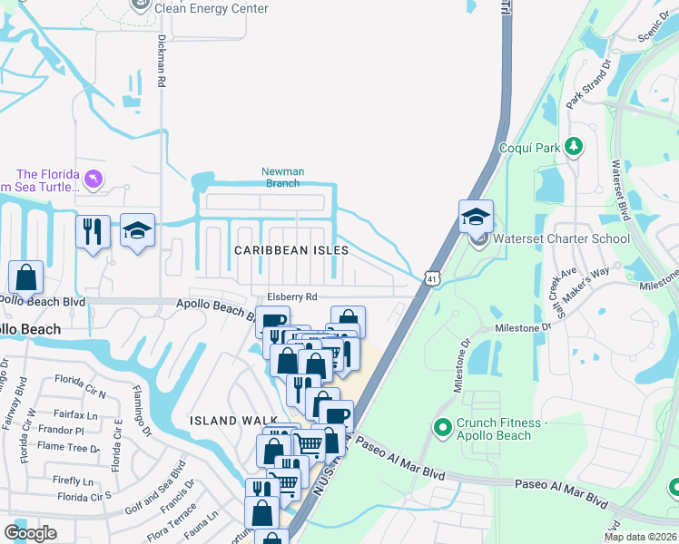 map of restaurants, bars, coffee shops, grocery stores, and more near 108 North Saint George Circle in Apollo Beach