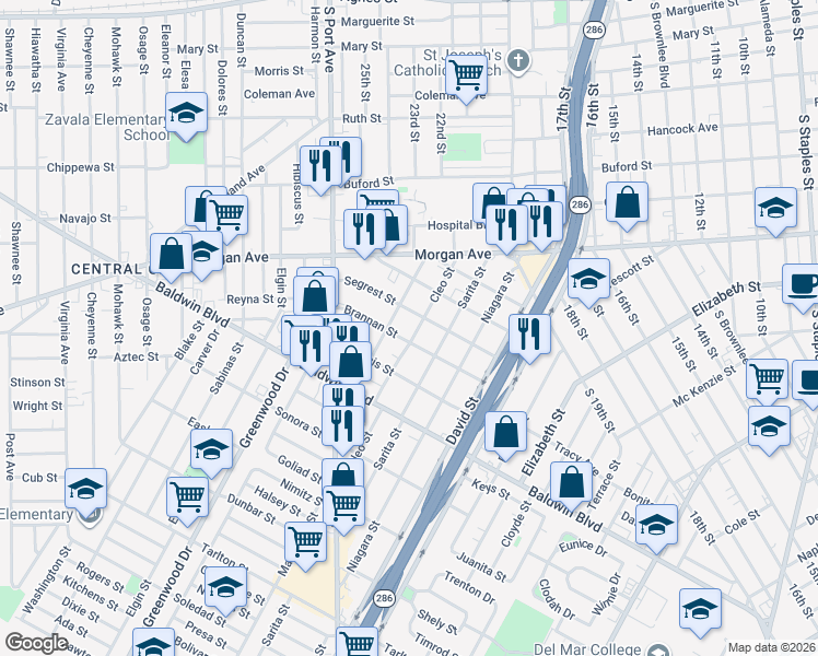 map of restaurants, bars, coffee shops, grocery stores, and more near 2413 Cleo Street in Corpus Christi