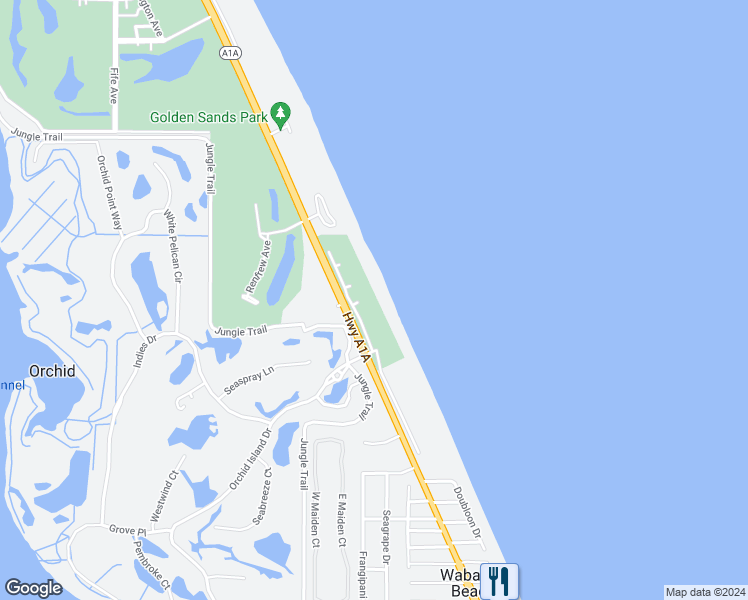 map of restaurants, bars, coffee shops, grocery stores, and more near 80 Beachside Drive in Orchid