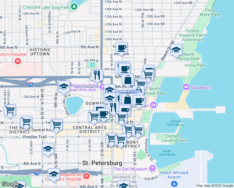 map of restaurants, bars, coffee shops, grocery stores, and more near 235 3rd Avenue North in St. Petersburg