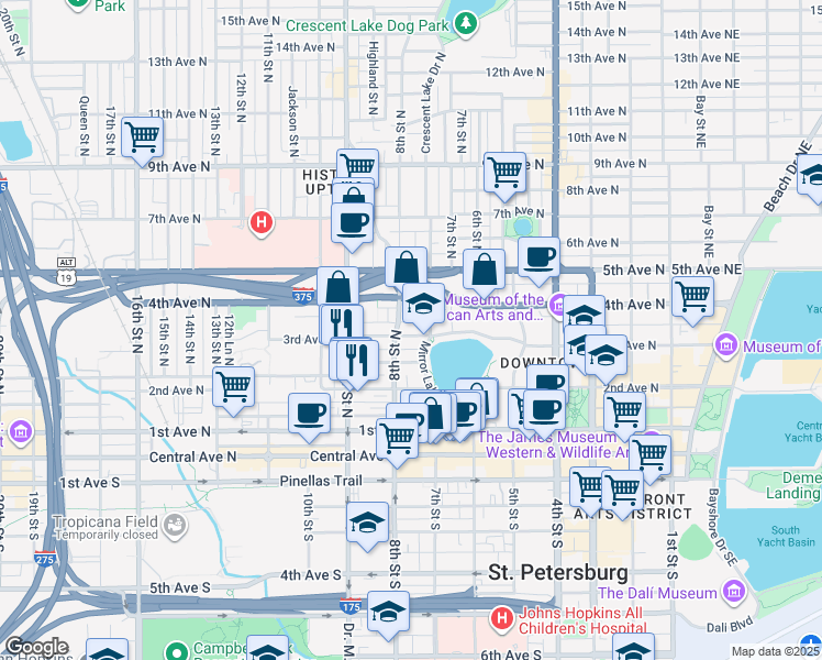 map of restaurants, bars, coffee shops, grocery stores, and more near 302 Grove Street North in St. Petersburg