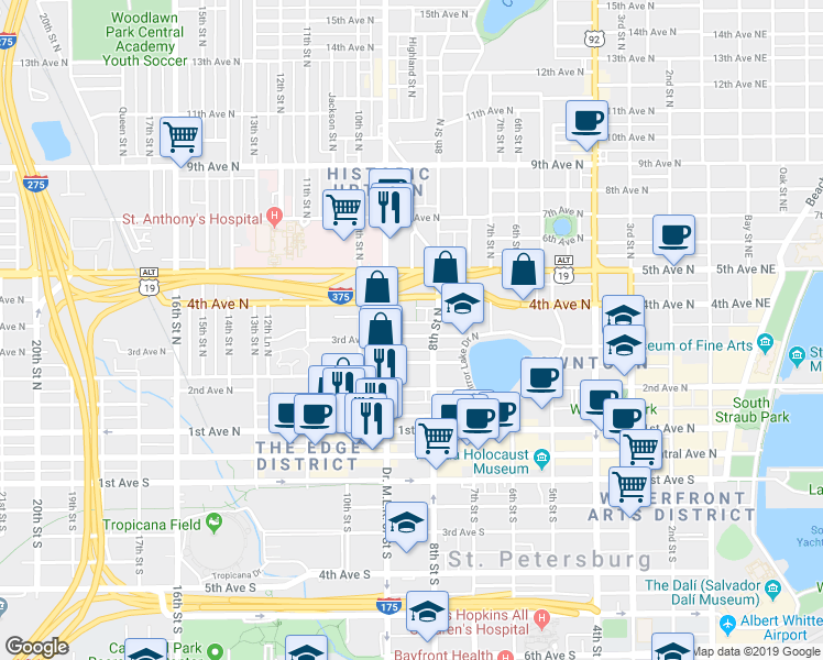 map of restaurants, bars, coffee shops, grocery stores, and more near 839 3rd Avenue North in St. Petersburg