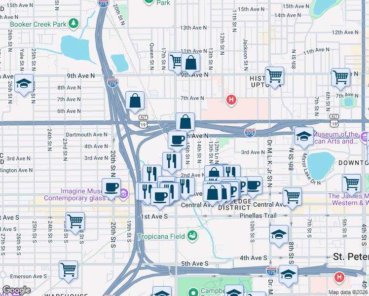 map of restaurants, bars, coffee shops, grocery stores, and more near 333 16th Street North in St. Petersburg