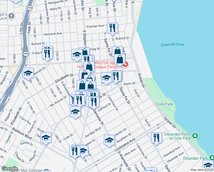 map of restaurants, bars, coffee shops, grocery stores, and more near 724 Booty Street in Corpus Christi