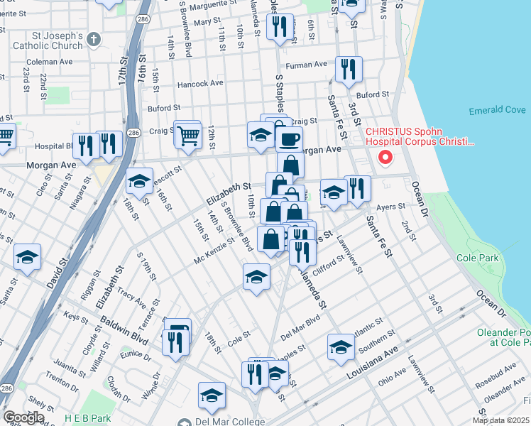 map of restaurants, bars, coffee shops, grocery stores, and more near 1539 South Alameda Street in Corpus Christi
