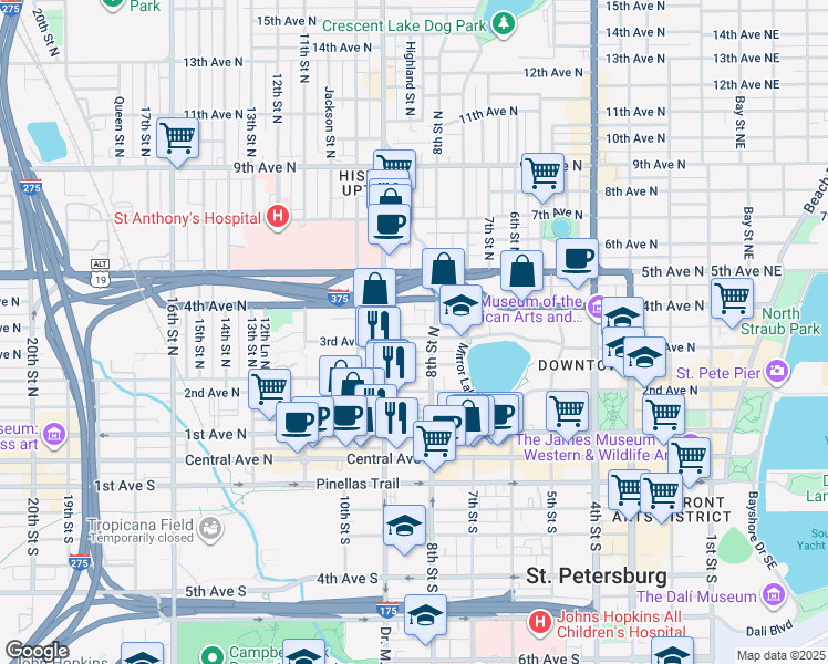map of restaurants, bars, coffee shops, grocery stores, and more near 839 3rd Avenue North in St. Petersburg