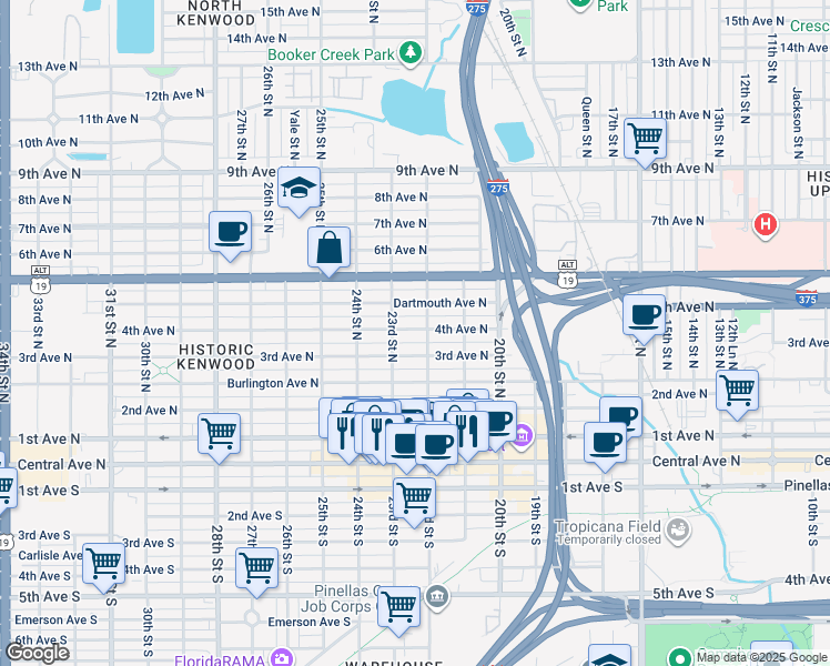 map of restaurants, bars, coffee shops, grocery stores, and more near 2220 4th Ave N in St Petersburg