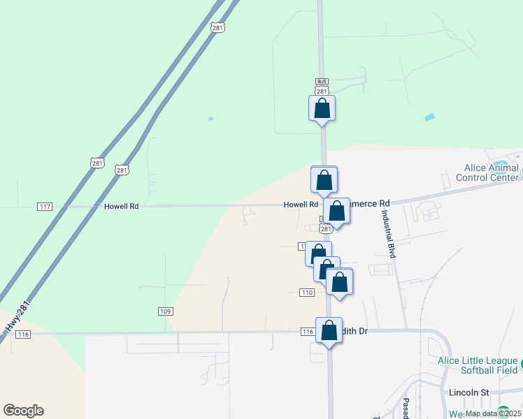 map of restaurants, bars, coffee shops, grocery stores, and more near 197 Howell Road in Alice
