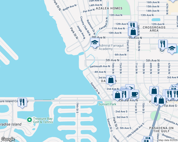 map of restaurants, bars, coffee shops, grocery stores, and more near 7633 4th Avenue North in St. Petersburg