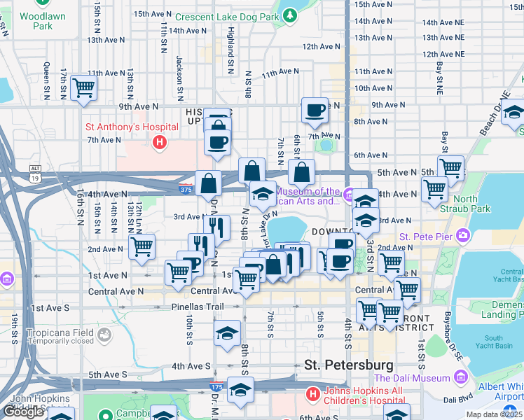 map of restaurants, bars, coffee shops, grocery stores, and more near 302 Grove Street North in St. Petersburg