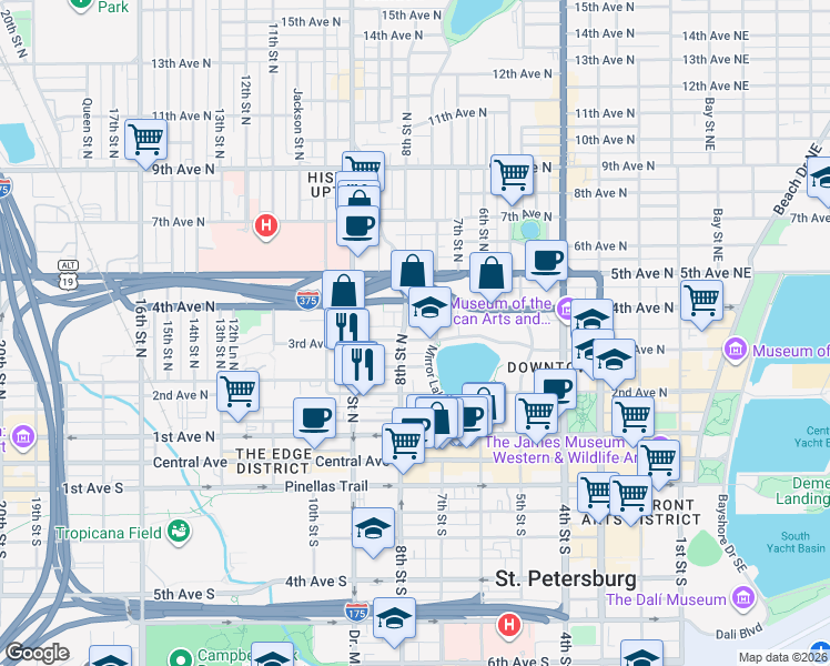 map of restaurants, bars, coffee shops, grocery stores, and more near 777 3rd Avenue North in St. Petersburg