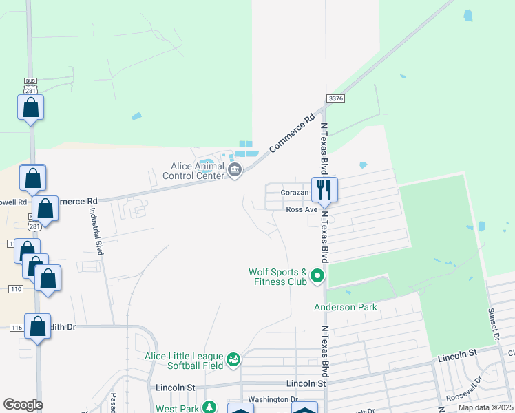 map of restaurants, bars, coffee shops, grocery stores, and more near 2217 Grayson Street in Alice
