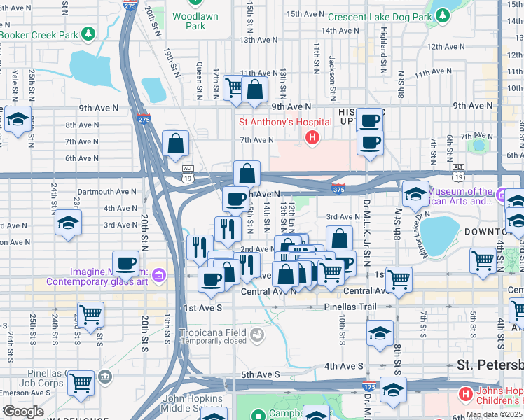 map of restaurants, bars, coffee shops, grocery stores, and more near 328 14th Street North in St. Petersburg