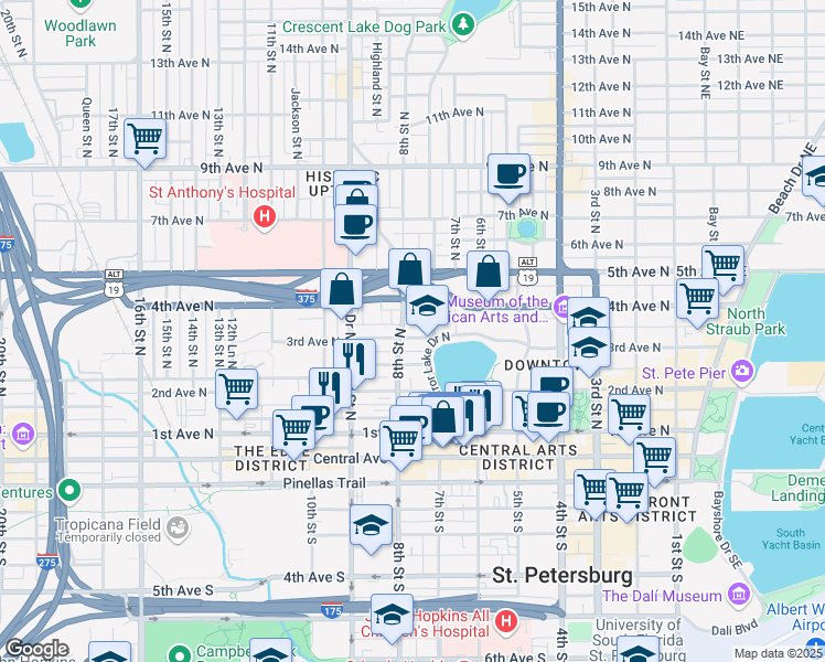 map of restaurants, bars, coffee shops, grocery stores, and more near 302 Grove Street North in St. Petersburg