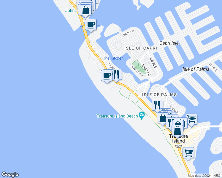 map of restaurants, bars, coffee shops, grocery stores, and more near 120TH 112th Avenue A in Treasure Island