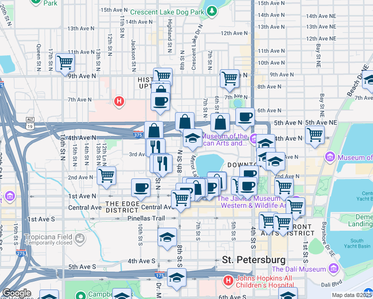 map of restaurants, bars, coffee shops, grocery stores, and more near 302 Grove Street North in St. Petersburg