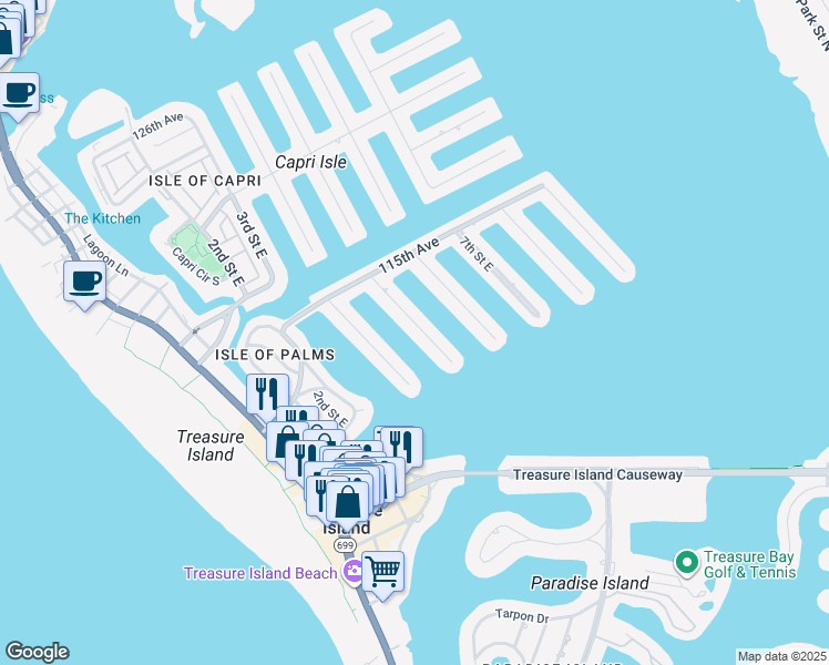 map of restaurants, bars, coffee shops, grocery stores, and more near 11280 5th Street East in Treasure Island