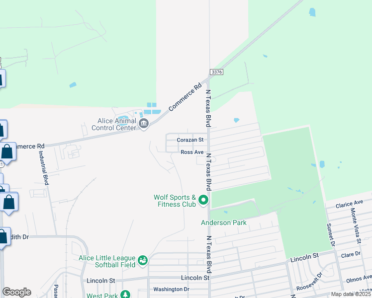 map of restaurants, bars, coffee shops, grocery stores, and more near 915 Ross Avenue in Alice