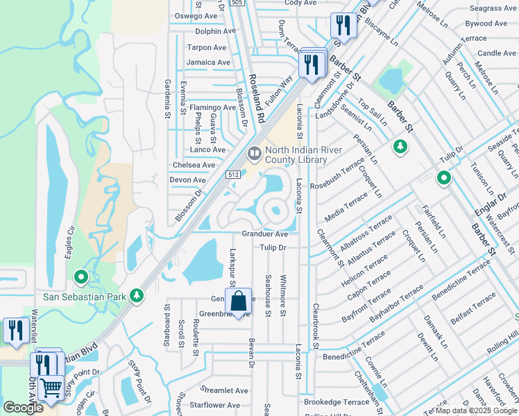 map of restaurants, bars, coffee shops, grocery stores, and more near 1347 Shoreline Circle in Sebastian