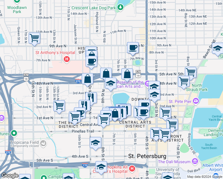 map of restaurants, bars, coffee shops, grocery stores, and more near 302 Grove Street North in St. Petersburg