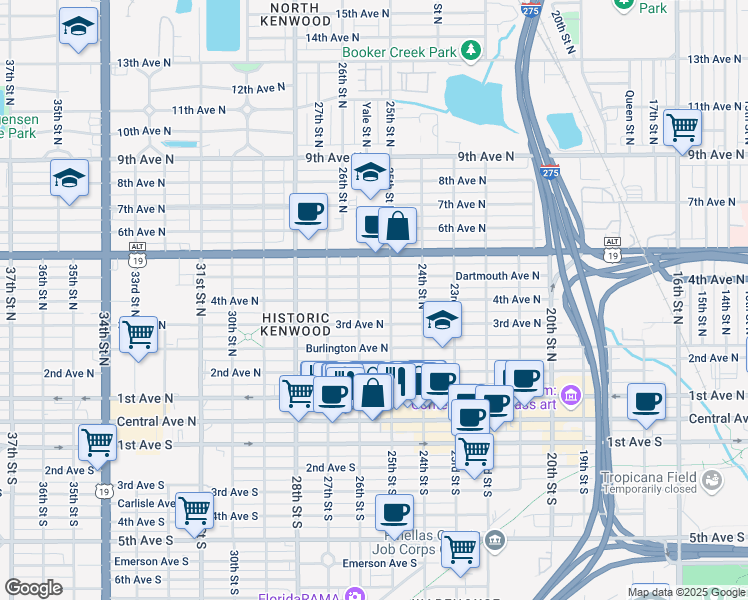 map of restaurants, bars, coffee shops, grocery stores, and more near 2544 4th Avenue North in St. Petersburg