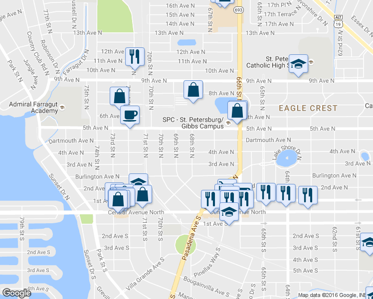 map of restaurants, bars, coffee shops, grocery stores, and more near 6749 4th Avenue North in St. Petersburg