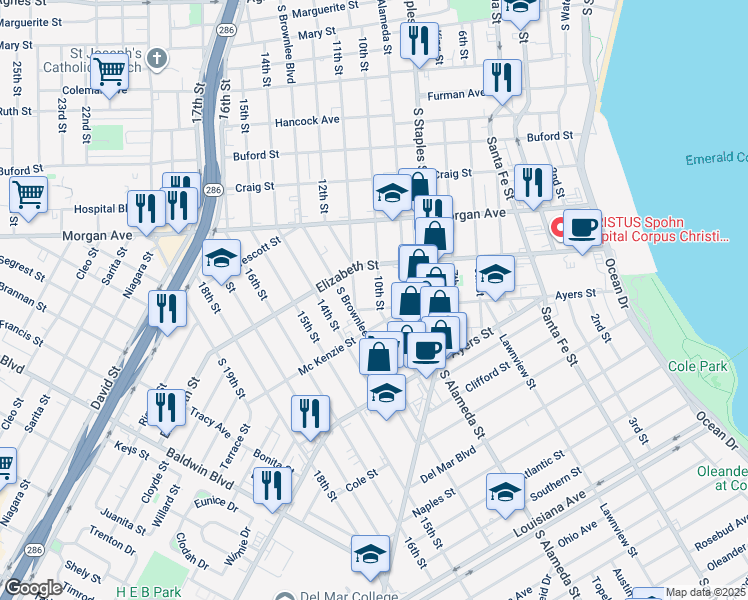 map of restaurants, bars, coffee shops, grocery stores, and more near 1533 10th Street in Corpus Christi