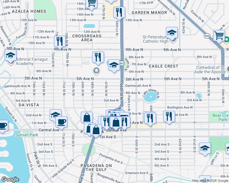 map of restaurants, bars, coffee shops, grocery stores, and more near 6635 4th Avenue North in St. Petersburg