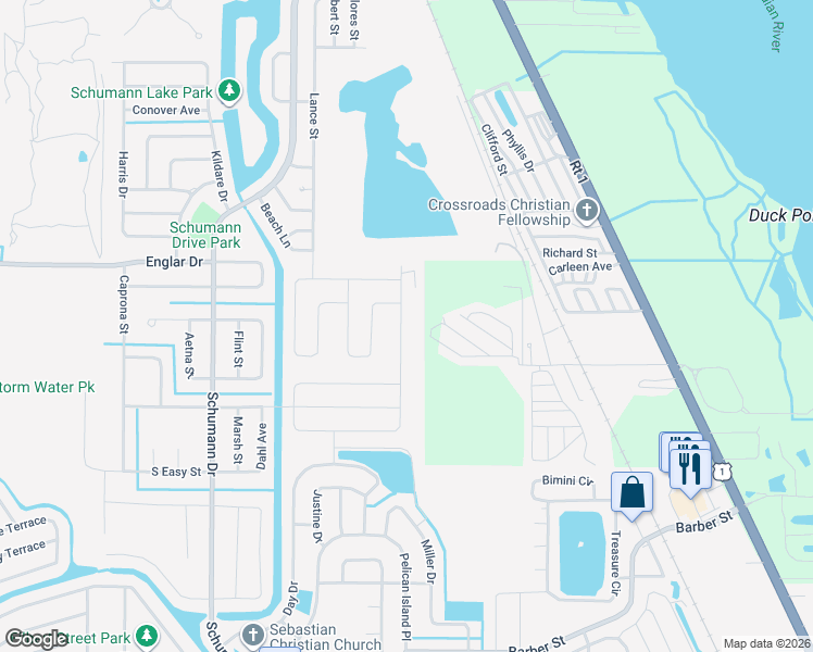 map of restaurants, bars, coffee shops, grocery stores, and more near 174 Spring Valley Avenue in Sebastian