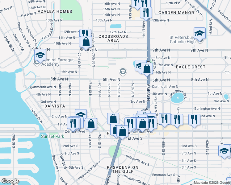map of restaurants, bars, coffee shops, grocery stores, and more near 6749 4th Avenue North in St. Petersburg