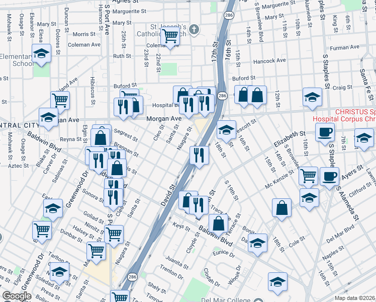 map of restaurants, bars, coffee shops, grocery stores, and more near 2217 David Street in Corpus Christi