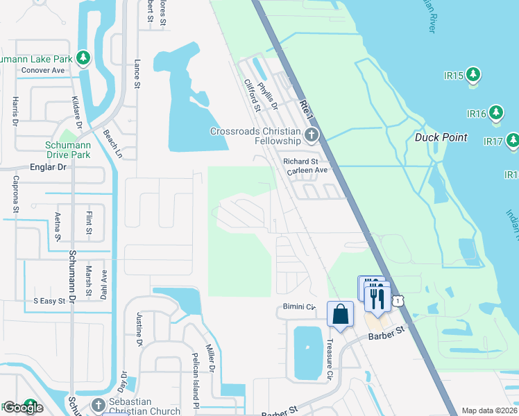 map of restaurants, bars, coffee shops, grocery stores, and more near Essex Lane in Sebastian