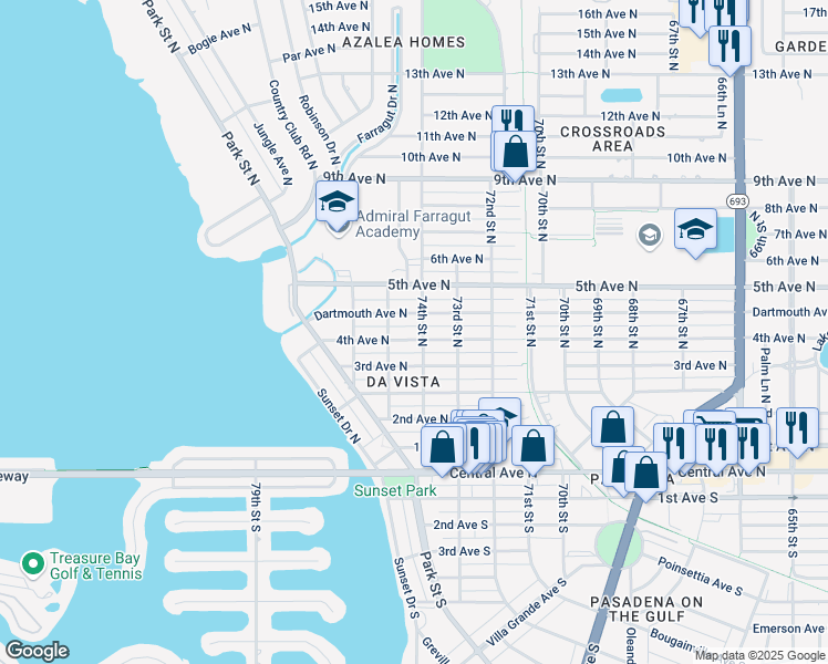 map of restaurants, bars, coffee shops, grocery stores, and more near 7427 4th Avenue North in St. Petersburg