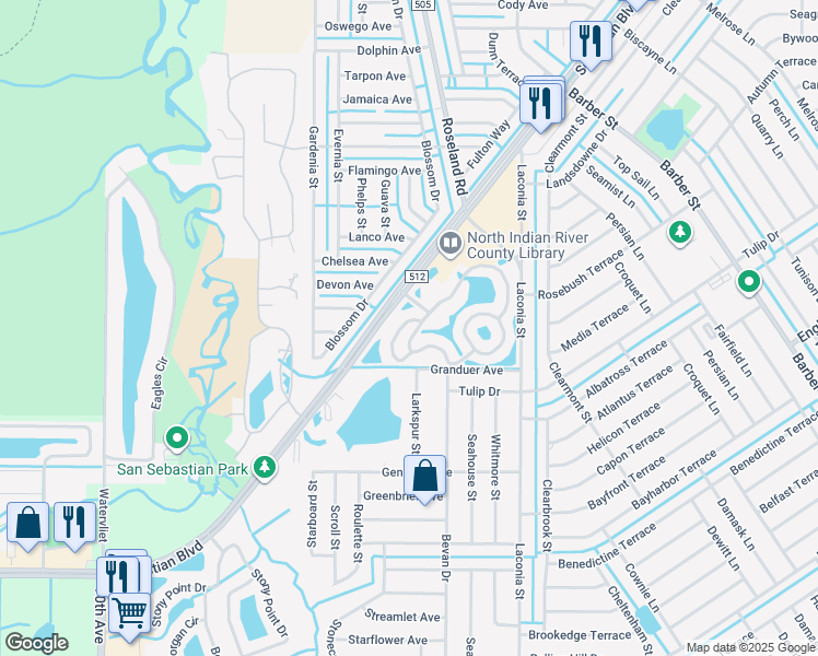 map of restaurants, bars, coffee shops, grocery stores, and more near 1121 Breezy Way in Sebastian