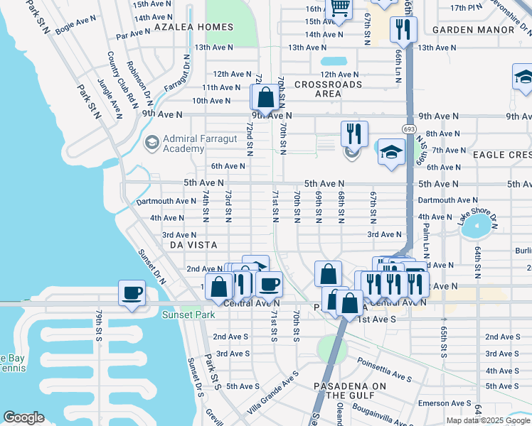 map of restaurants, bars, coffee shops, grocery stores, and more near 7111 4th Avenue North in St. Petersburg