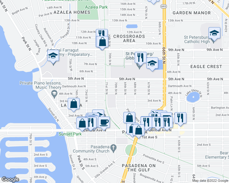 map of restaurants, bars, coffee shops, grocery stores, and more near 420 70th St N in St Petersburg
