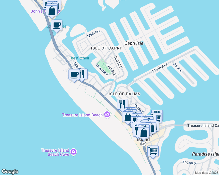 map of restaurants, bars, coffee shops, grocery stores, and more near 135 117th Avenue in Treasure Island
