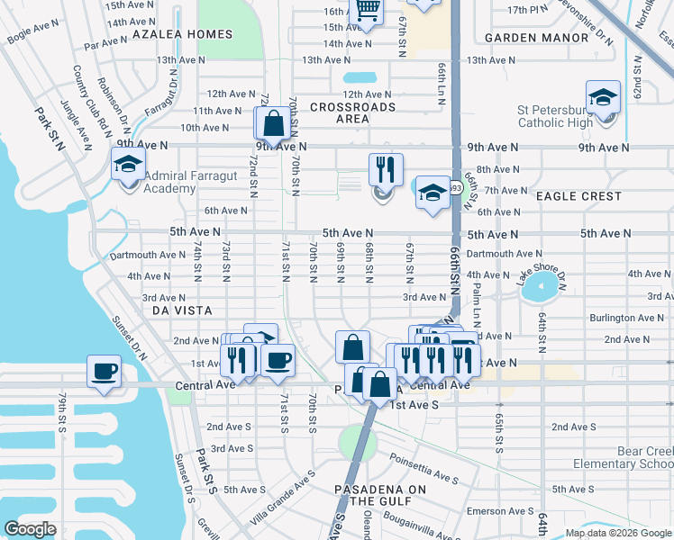 map of restaurants, bars, coffee shops, grocery stores, and more near 6901 4th Avenue North in St. Petersburg