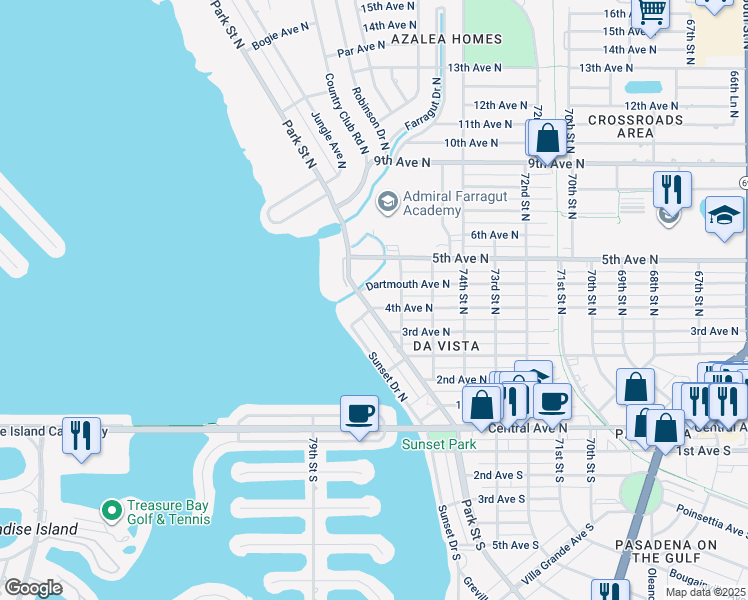 map of restaurants, bars, coffee shops, grocery stores, and more near 7633 4th Avenue North in St. Petersburg