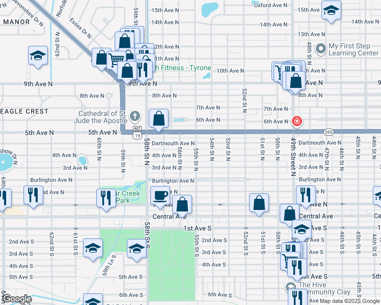 map of restaurants, bars, coffee shops, grocery stores, and more near 5521 4th Avenue North in St. Petersburg