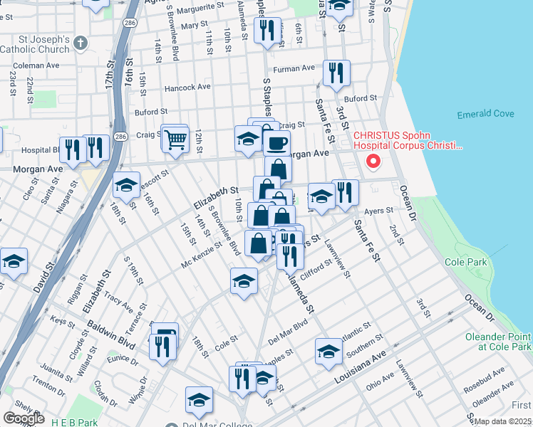 map of restaurants, bars, coffee shops, grocery stores, and more near 1539 South Alameda Street in Corpus Christi
