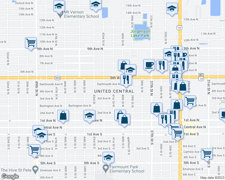 map of restaurants, bars, coffee shops, grocery stores, and more near 4101 4th Avenue North in Saint Petersburg