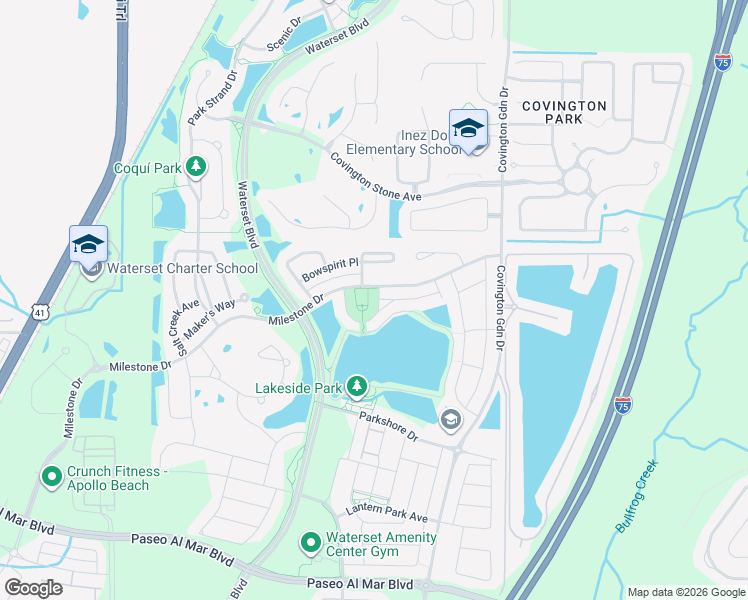 map of restaurants, bars, coffee shops, grocery stores, and more near 7230 Hourglass Drive in Apollo Beach