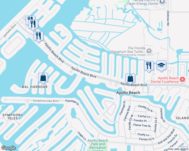 map of restaurants, bars, coffee shops, grocery stores, and more near 809 Shagos Drive in Apollo Beach