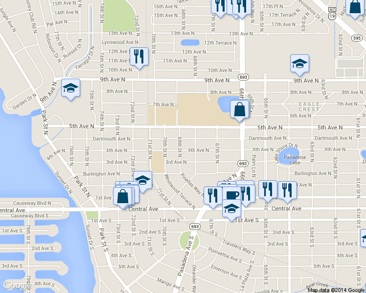 map of restaurants, bars, coffee shops, grocery stores, and more near 6901 4th Avenue North in St. Petersburg